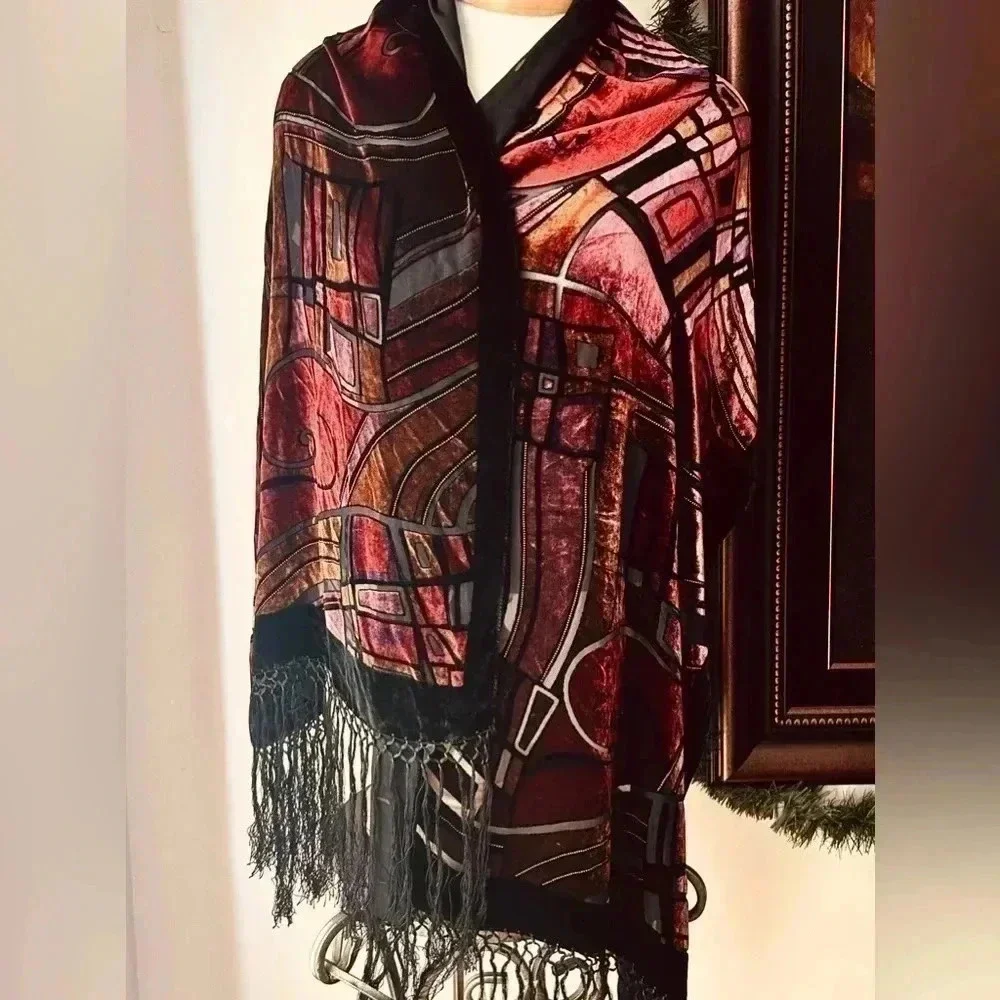 CCC Silk Bottom Rayon Top Fringed Scarf Abstract Geometrical Shimmer